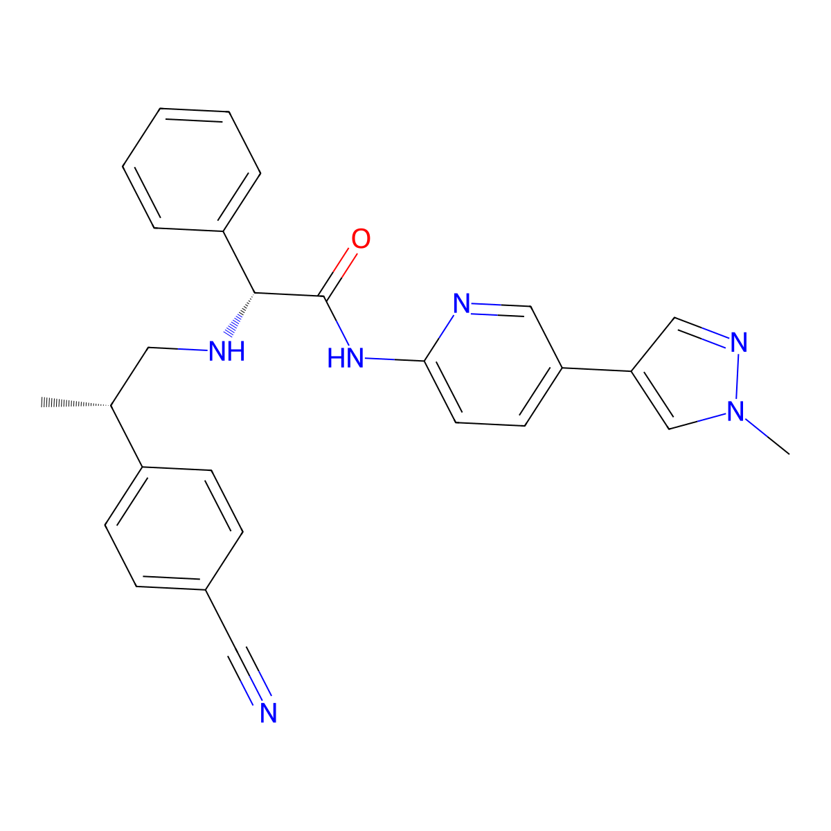 (R)-2-(((S)-2-(4-Cyanophenyl)propyl)amino)-N-(5-(1-methyl-1H-pyrazol-4-yl)pyridin-2-yl)-2-phenylacetamide molecular structure, CAS 2374971-81-8