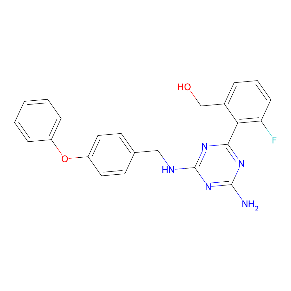 (2-(4-Amino-6-((4-phenoxybenzyl)amino)-1,3,5-triazin-2-yl)-3-fluorophenyl)methanol molecular structure, CAS 2375070-79-2