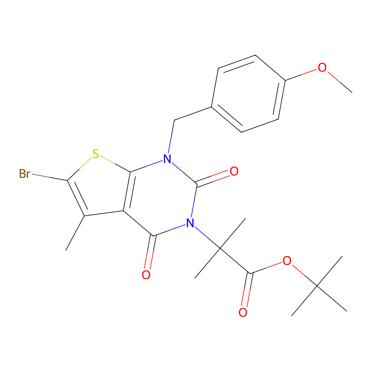 tert-butyl 2-(6-bromo-1-(4-methoxybenzyl)-5-methyl-2,4-dioxo-1,4-dihydrothieno[2,3-d]pyrimidin-3(2H)-yl)-2-methylpropanoate molecular structure, CAS 2375195-70-1