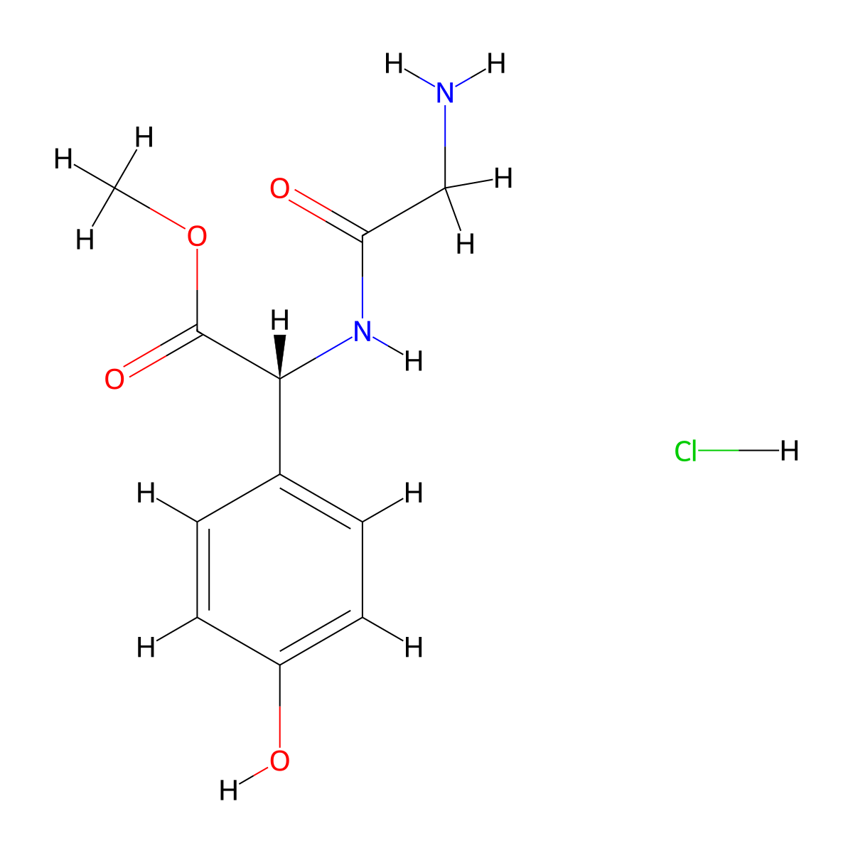 methyl (2R)-2-(2-aminoacetamido)-2-(4-hydroxyphenyl)acetate hydrochloride molecular structure, CAS 2375247-61-1