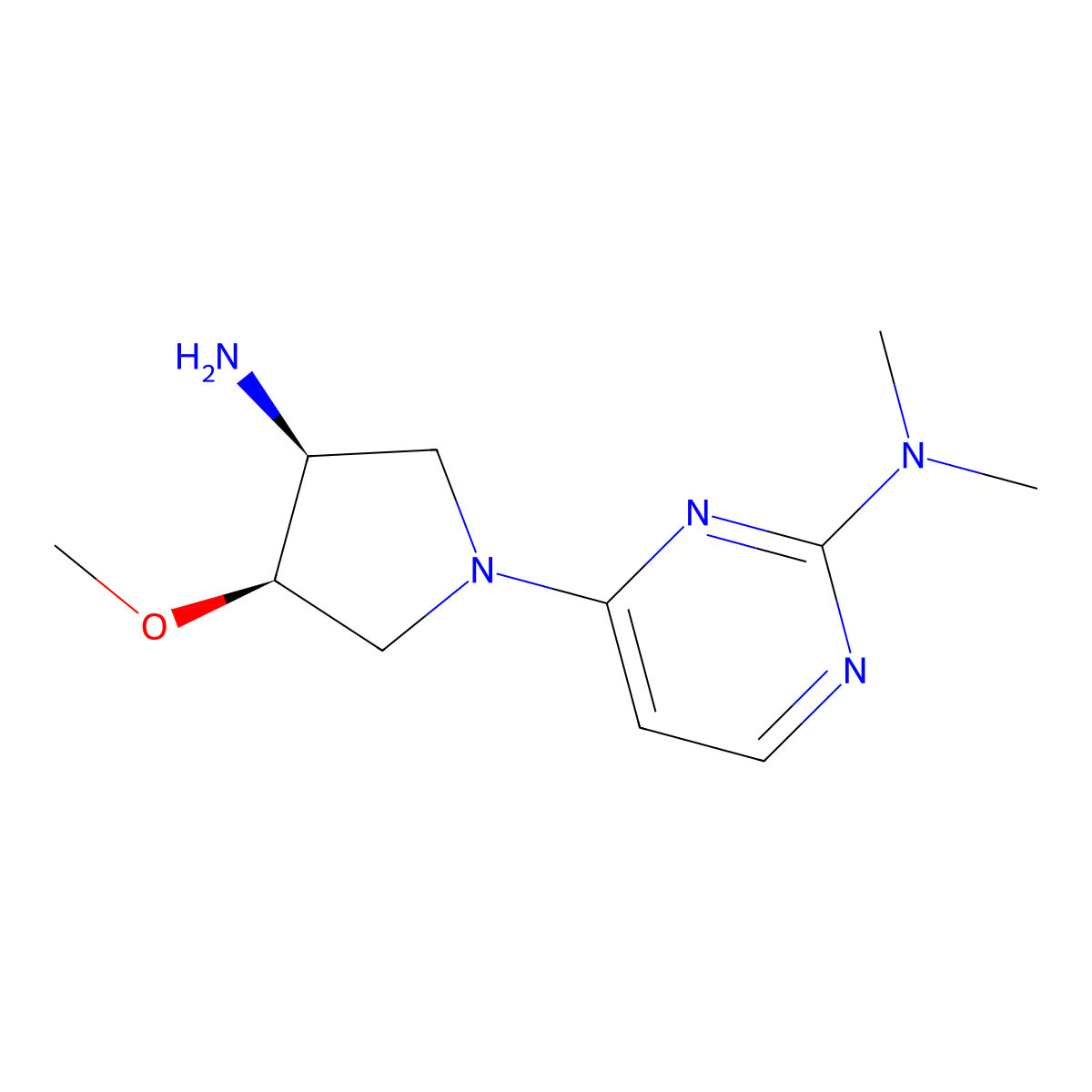 rac-4-[(3R,4S)-3-amino-4-methoxypyrrolidin-1-yl]-N,N-dimethylpyrimidin-2-amine, cis molecular structure, CAS 2375250-90-9