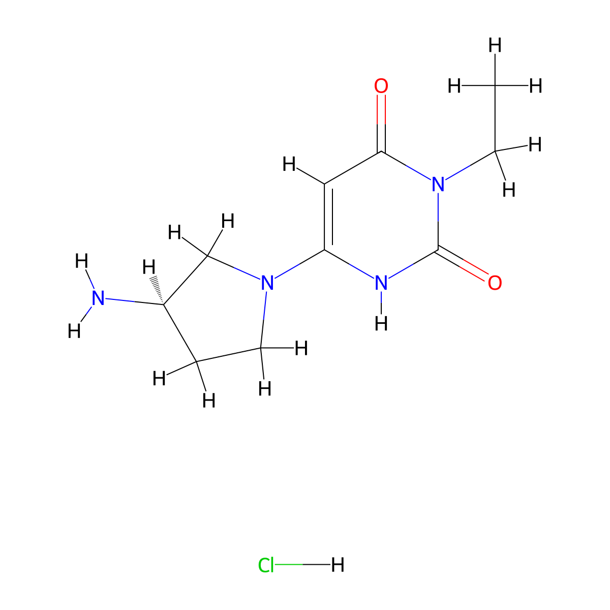 6-[(3R)-3-aminopyrrolidin-1-yl]-3-ethyl-1,2,3,4-tetrahydropyrimidine-2,4-dione hydrochloride molecular structure, CAS 2375250-96-5
