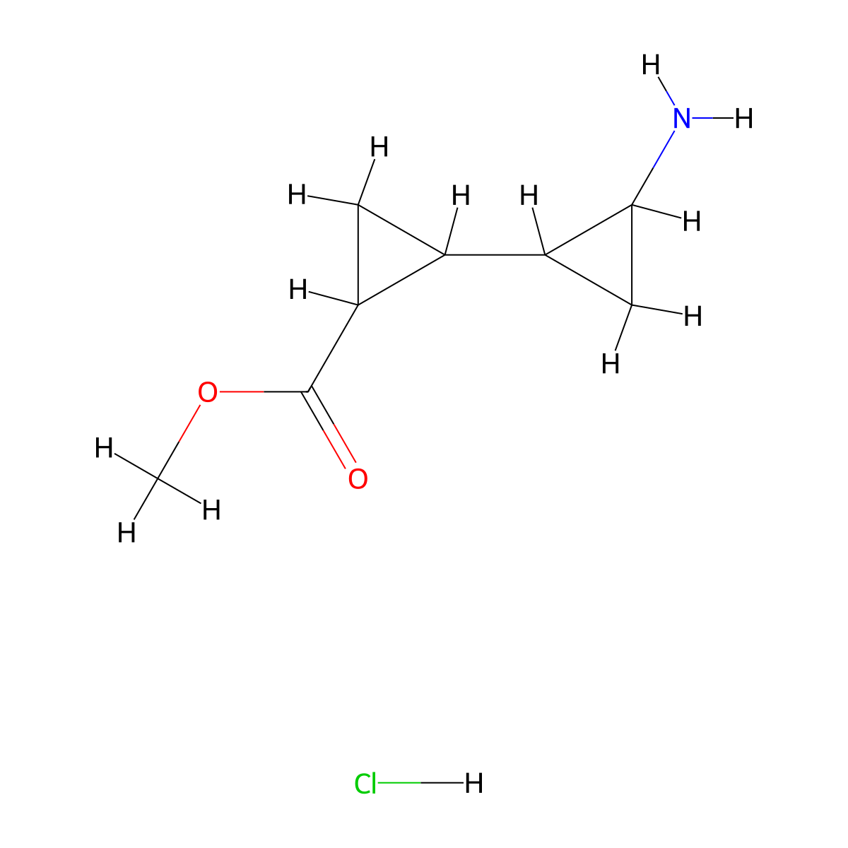 Methyl 2-(2-aminocyclopropyl)cyclopropane-1-carboxylate hydrochloride molecular structure, CAS 2375259-26-8