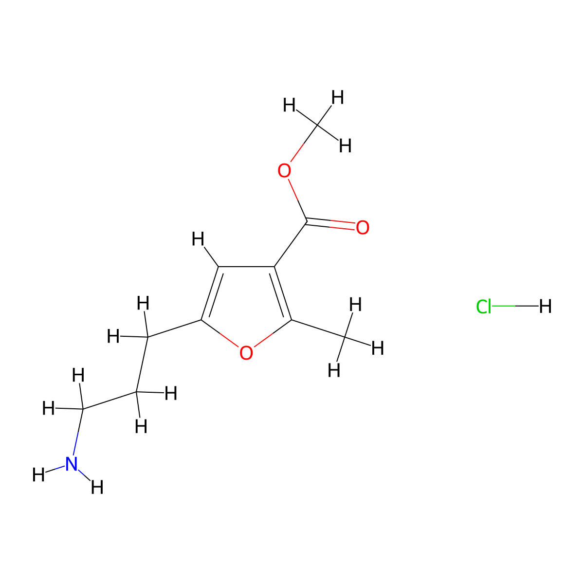 Methyl 5-(3-aminopropyl)-2-methylfuran-3-carboxylate hydrochloride molecular structure, CAS 2375261-96-2