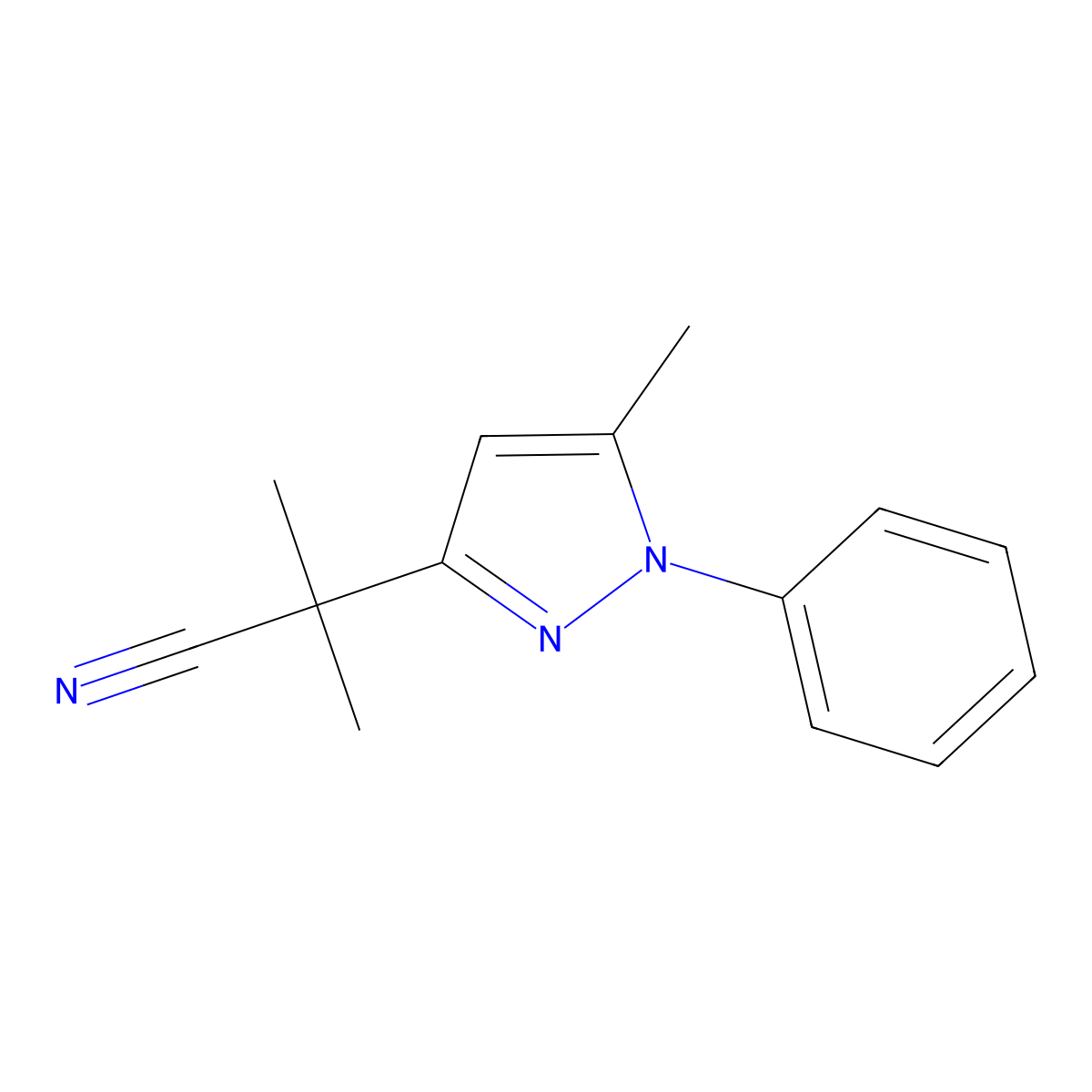 2-methyl-2-(5-methyl-1-phenyl-1H-pyrazol-3-yl)propanenitrile molecular structure, CAS 2375267-71-1