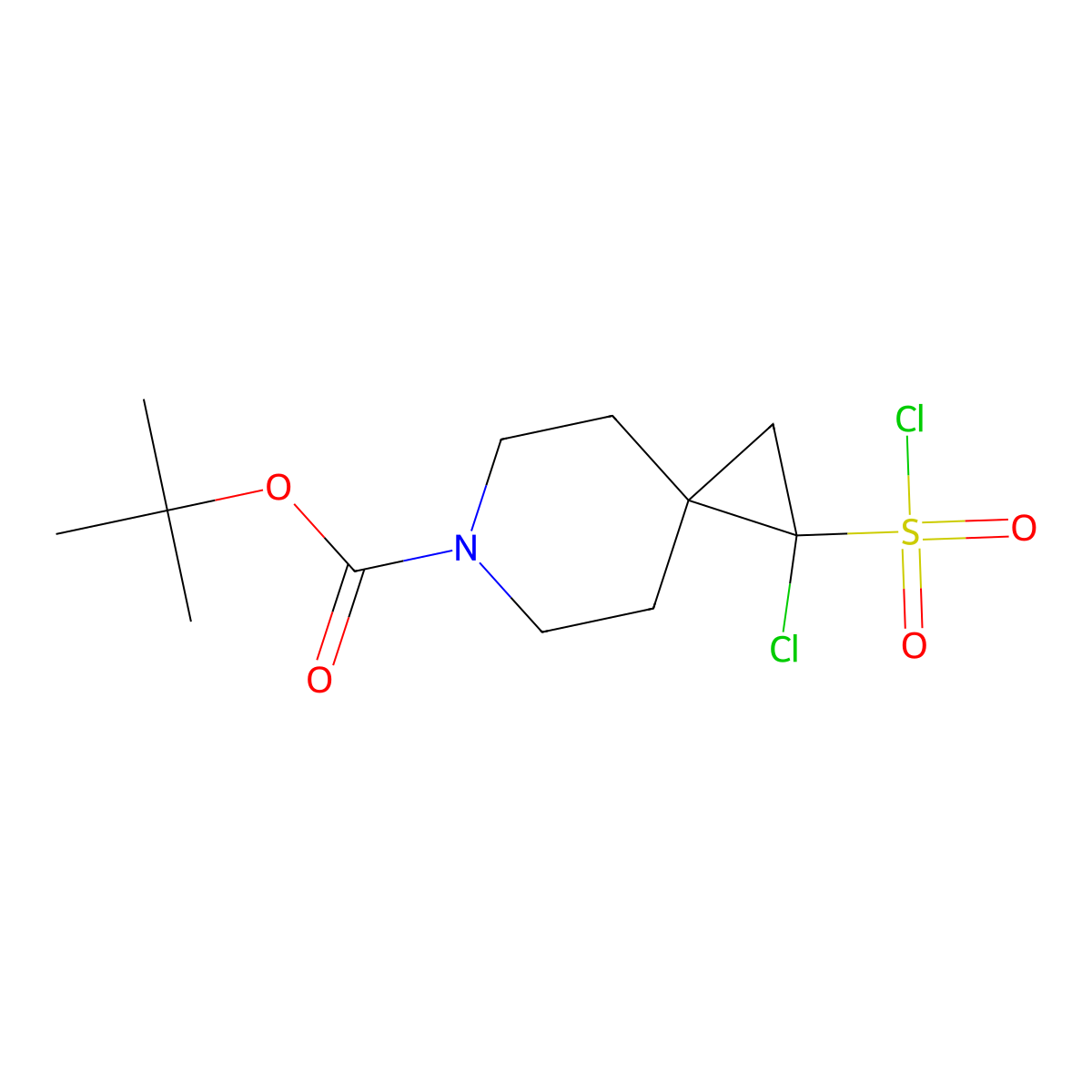 Tert-butyl 1-chloro-1-(chlorosulfonyl)-6-azaspiro(2.5)octane-6-carboxylate molecular structure, CAS 2375268-65-6