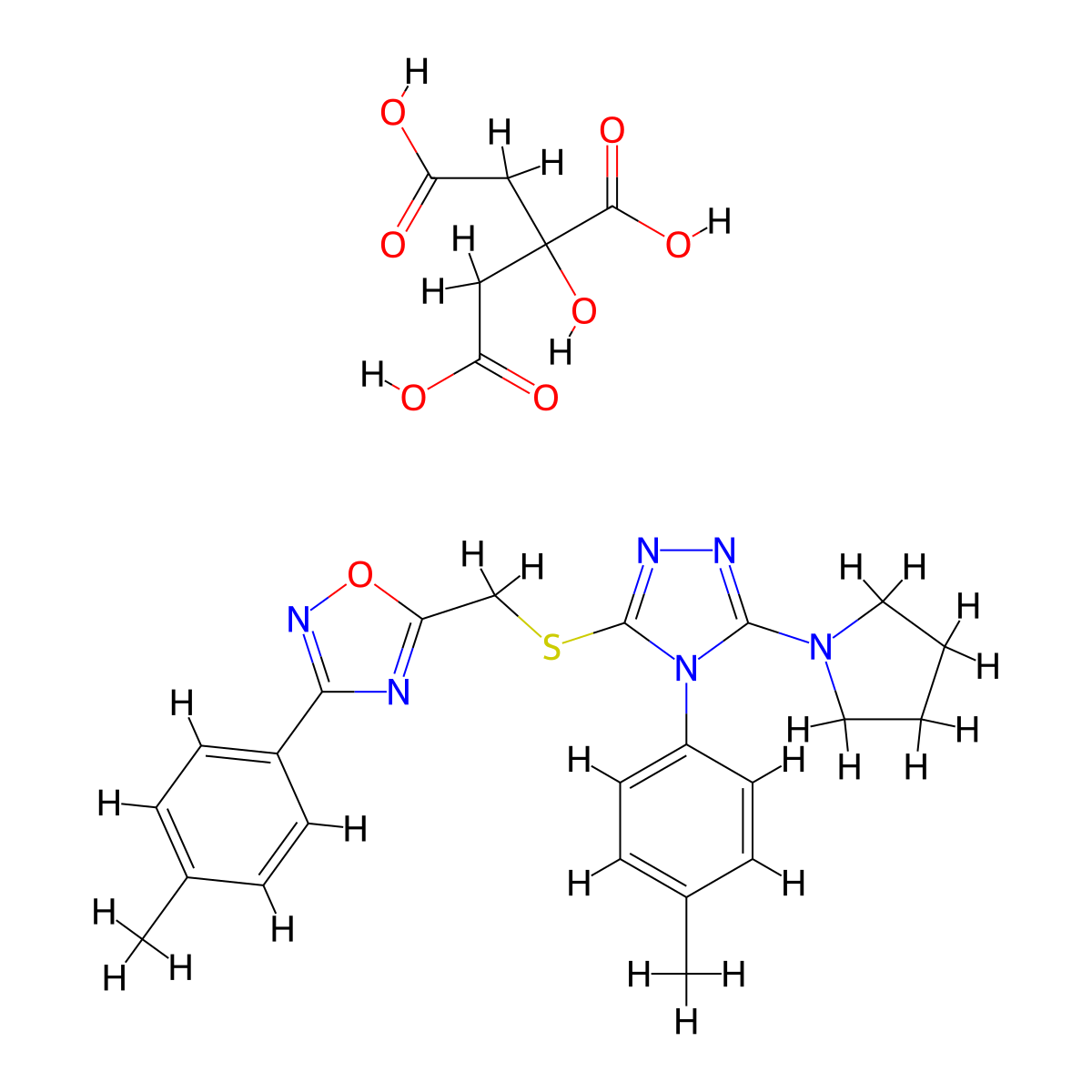 2-hydroxypropane-1,2,3-tricarboxylic acid; 3-(4-methylphenyl)-5-({[4-(4-methylphenyl)-5-(pyrrolidin-1-yl)-4H-1,2,4-triazol-3-yl]sulfanyl}methyl)-1,2,4-oxadiazole molecular structure, CAS 2375269-66-0