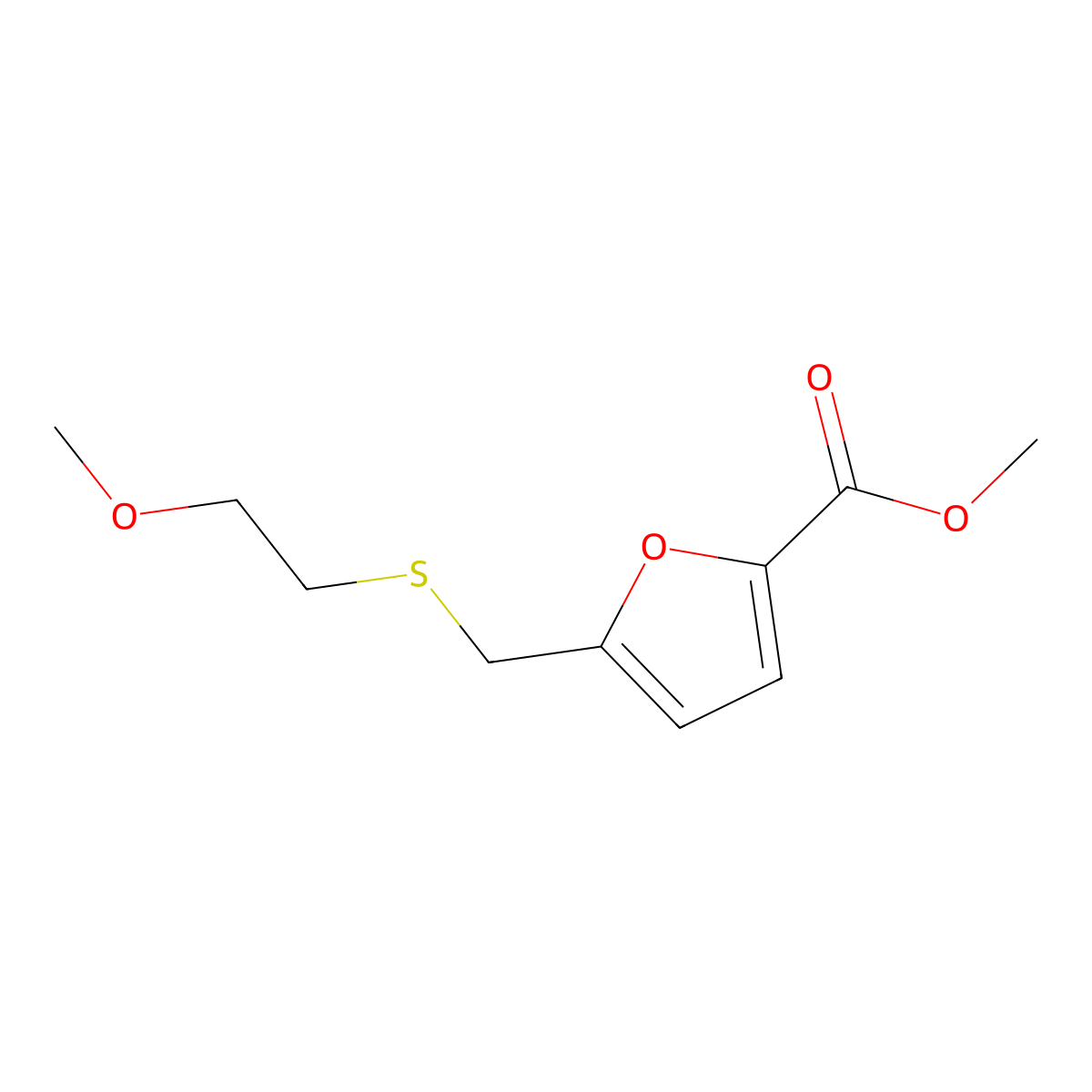 Methyl 5-{[(2-methoxyethyl)sulfanyl]methyl}furan-2-carboxylate molecular structure, CAS 2375270-61-2