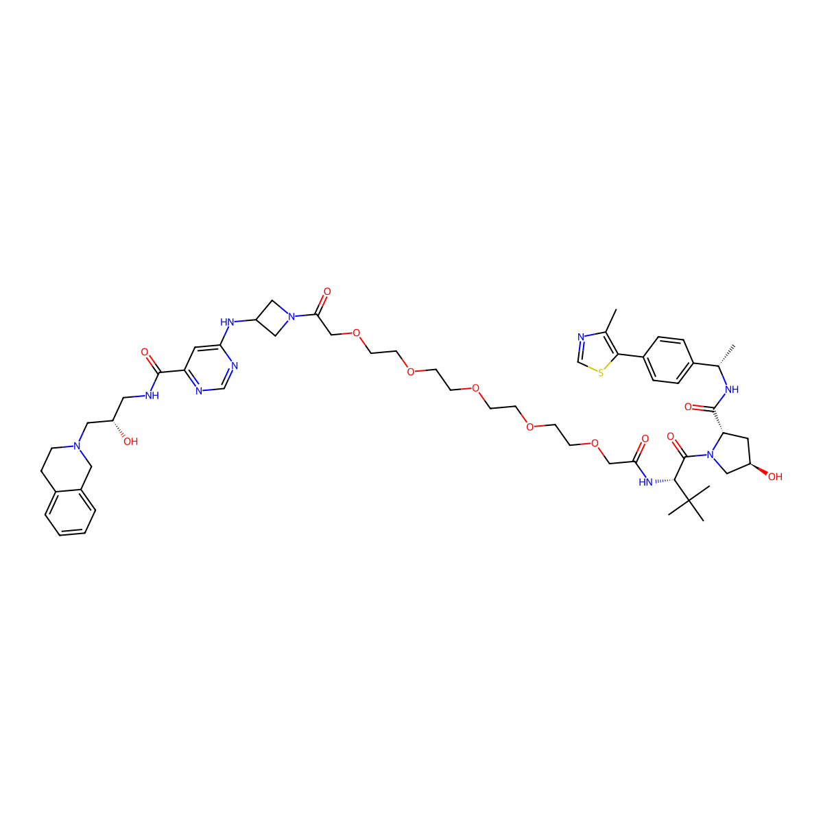 6-{[1-(1-{[(2S)-1-[(2S,4R)-4-hydroxy-2-{[(1S)-1-[4-(4-methyl-1,3-thiazol-5-yl)phenyl]ethyl]carbamoyl}pyrrolidin-1-yl]-3,3-dimethyl-1-oxobutan-2-yl]carbamoyl}-2,5,8,11,14-pentaoxahexadecanoyl)azetidin-3-yl]amino}-N-[(2S)-2-hydroxy-3-(1,2,3,4-tetrahydroisoquinolin-2-yl)propyl]pyrimidine-4-carboxamide molecular structure, CAS 2375432-47-4