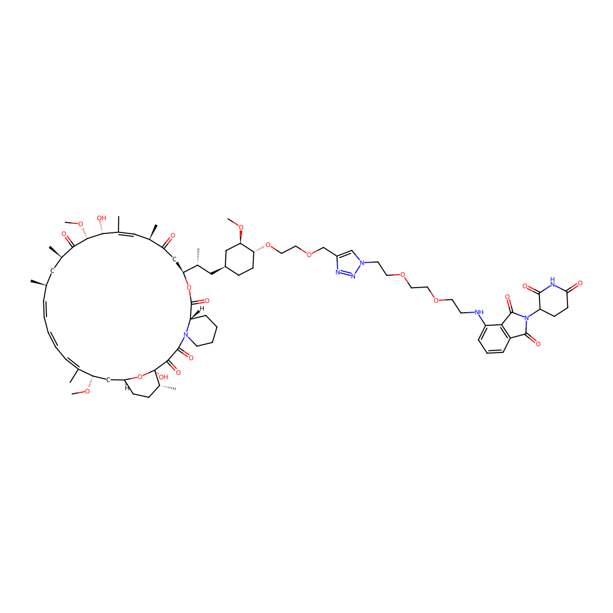 (1R,9S,12S,15R,18R,19R,21R,23S,30S,32S,35R)-12-[(2R)-1-[(1S,3R,4R)-4-[2-[[1-[2-[2-[2-[[2-(2,6-dioxopiperidin-3-yl)-1,3-dioxoisoindol-4-yl]amino]ethoxy]ethoxy]ethyl]triazol-4-yl]methoxy]ethoxy]-3-methoxycyclohexyl]propan-2-yl]-1,18-dihydroxy-19,30-dimethoxy-15,17,21,23,29,35-hexamethyl-11,36-dioxa-4-azatricyclo[30.3.1.04,9]hexatriaconta-16,24,26,28-tetraene-2,3,10,14,20-pentone molecular structure, CAS 2375555-66-9