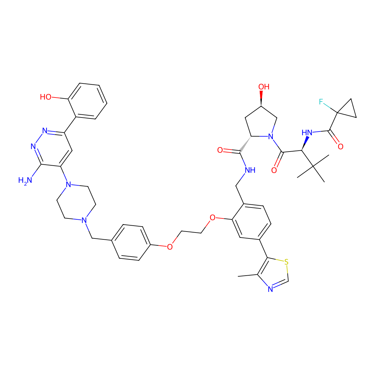 (2S,4R)-N-[[2-[2-[4-[[4-[3-Amino-6-(2-hydroxyphenyl)pyridazin-4-yl]piperazin-1-yl]methyl]phenoxy]ethoxy]-4-(4-methyl-1,3-thiazol-5-yl)phenyl]methyl]-1-[(2S)-2-[(1-fluorocyclopropanecarbonyl)amino]-3,3-dimethylbutanoyl]-4-hydroxypyrrolidine-2-carboxamide molecular structure, CAS 2375564-55-7