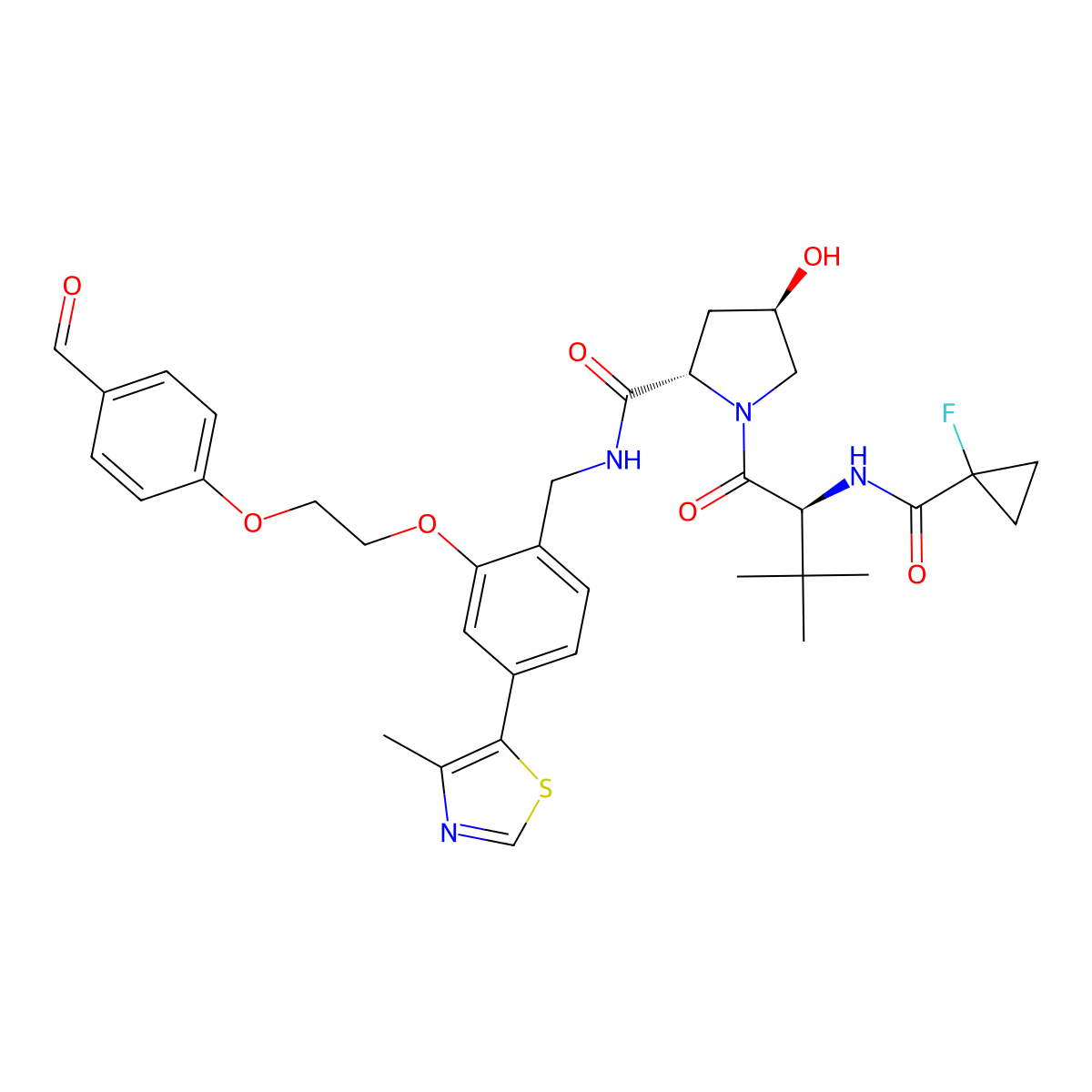 (2S,4R)-1-((S)-2-(1-Fluorocyclopropane-1-carboxamido)-3,3-dimethylbutanoyl)-N-(2-(2-(4-formylphenoxy)ethoxy)-4-(4-methylthiazol-5-yl)benzyl)-4-hydroxypyrrolidine-2-carboxamide molecular structure, CAS 2375564-65-9