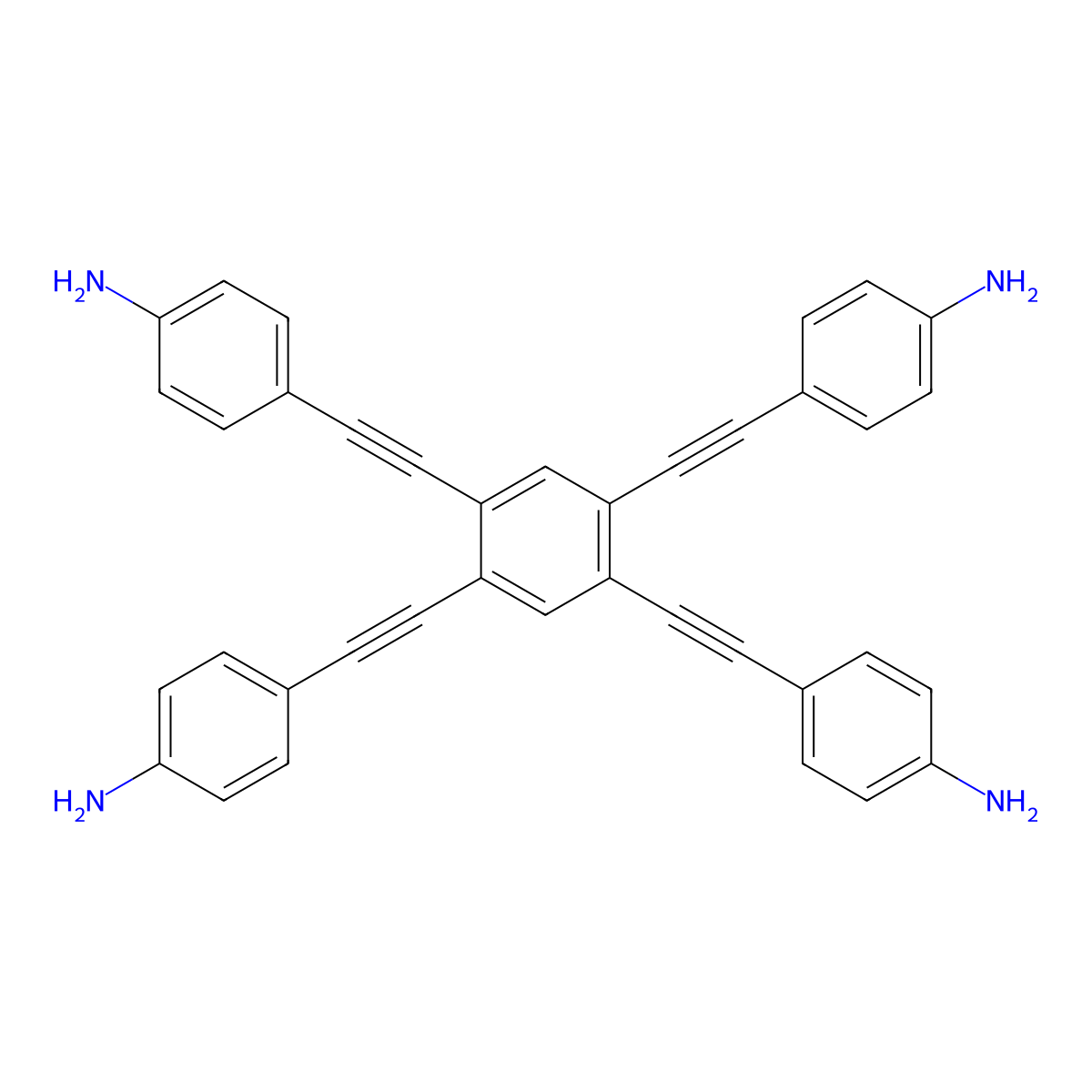 4,4',4'',4'''-(Benzene-1,2,4,5-tetrayltetrakis(ethyne-2,1-diyl))tetraaniline molecular structure, CAS 2375652-88-1