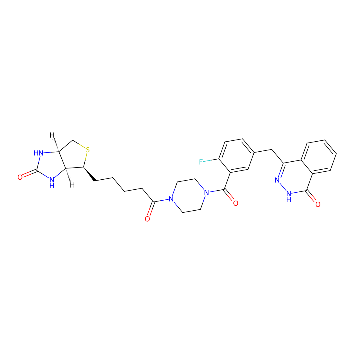 4-({4-fluoro-3-[(4-{1-oxo-5-[(3aS,4S,6aR)-2-oxo-2,3,3a,4,6,6a-hexahydro-1H-thieno[4,3-d]imidazol-4-yl]pentyl}piperazin-1-yl)carbonyl]phenyl}methyl)-1,2-dihydrobenzo[d][1,2]diazin-1-one molecular structure, CAS 2375736-33-5