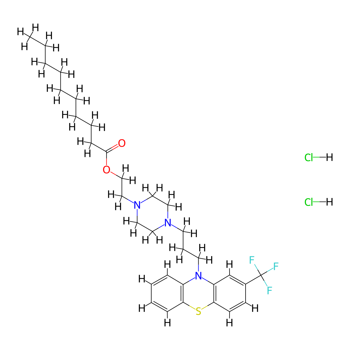Decanoic acid, 2-(4-(3-(2-(trifluoromethyl)-10H-phenothiazin-10yl)propyl)-1-piperazinyl)ethyl ester, hydrochloride (1:2) molecular structure, CAS 2376-65-0