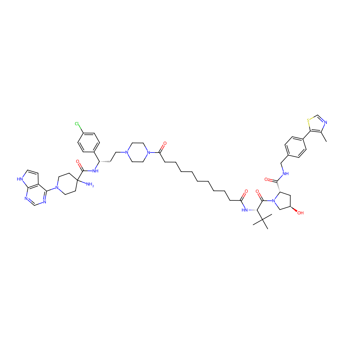 4-Amino-N-((S)-1-(4-chlorophenyl)-3-(4-(11-(((S)-1-((2S,4R)-4-hydroxy-2-((4-(4-methylthiazol-5-yl)benzyl)carbamoyl)pyrrolidin-1-yl)-3,3-dimethyl-1-oxobutan-2-yl)amino)-11-oxoundecanoyl)piperazin-1-yl)propyl)-1-(7H-pyrrolo[2,3-d]pyrimidin-4-yl)piperidine-4-carboxamide molecular structure, CAS 2376137-05-0