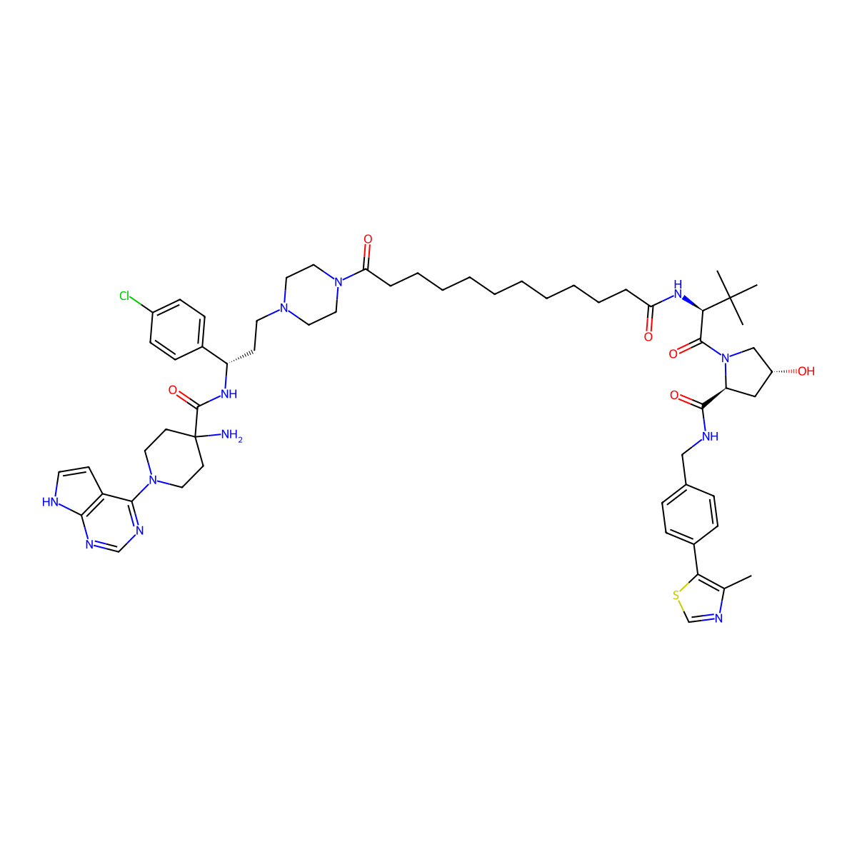 4-amino-N-[(1S)-1-(4-chlorophenyl)-3-[4-[12-[[(2S)-1-[(2S,4R)-4-hydroxy-2-[[4-(4-methyl-1,3-thiazol-5-yl)phenyl]methylcarbamoyl]pyrrolidin-1-yl]-3,3-dimethyl-1-oxobutan-2-yl]amino]-12-oxododecanoyl]piperazin-1-yl]propyl]-1-(7H-pyrrolo[2,3-d]pyrimidin-4-yl)piperidine-4-carboxamide molecular structure, CAS 2376137-41-4