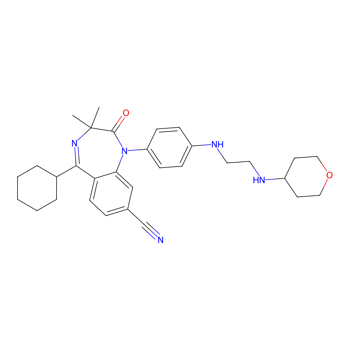 5-Cyclohexyl-3,3-dimethyl-1-[4-[2-(oxan-4-ylamino)ethylamino]phenyl]-2-oxo-1,4-benzodiazepine-8-carbonitrile molecular structure, CAS 2376334-75-5