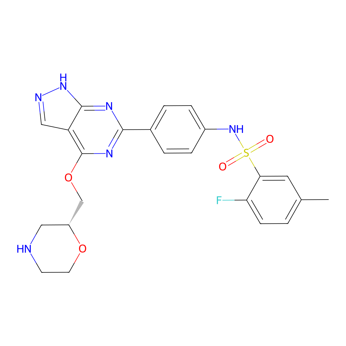 2-fluoro-5-methyl-N-[4-[4-[[(2R)-morpholin-2-yl]methoxy]-1H-pyrazolo[5,4-d]pyrimidin-6-yl]phenyl]benzenesulfonamide molecular structure, CAS 2376724-98-8
