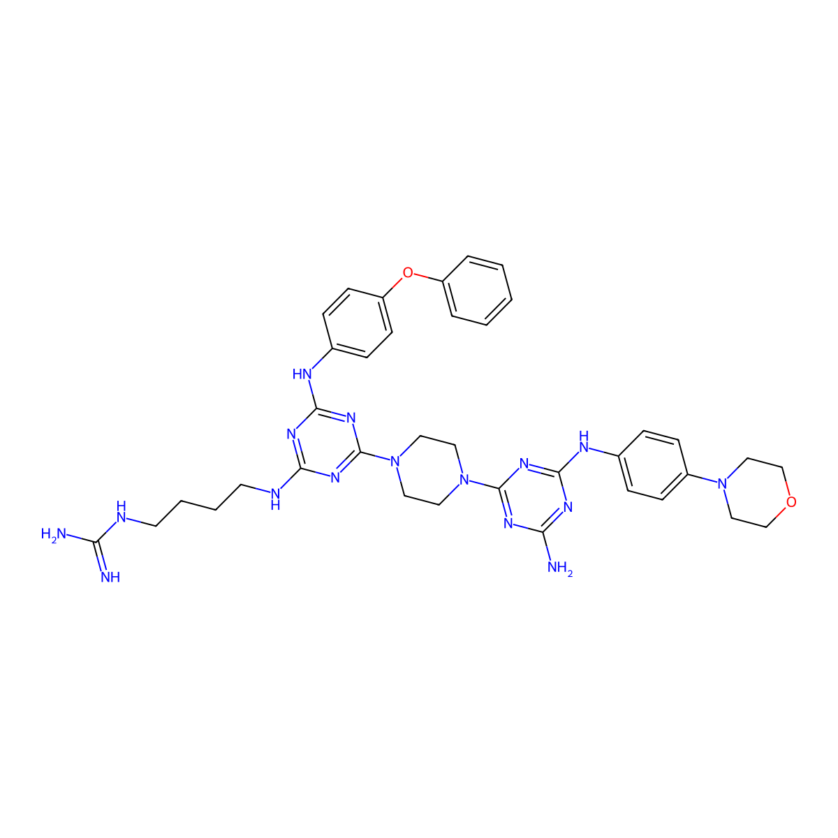 2-[4-[[4-[4-[4-Amino-6-(4-morpholin-4-ylanilino)-1,3,5-triazin-2-yl]piperazin-1-yl]-6-(4-phenoxyanilino)-1,3,5-triazin-2-yl]amino]butyl]guanidine molecular structure, CAS 2376894-10-7