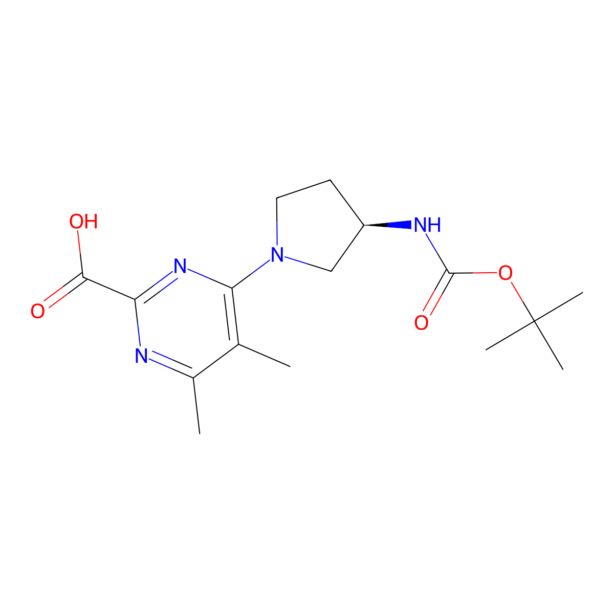 4-[(3R)-3-{[(tert-butoxy)carbonyl]amino}pyrrolidin-1-yl]-5,6-dimethylpyrimidine-2-carboxylic acid molecular structure, CAS 2377004-19-6