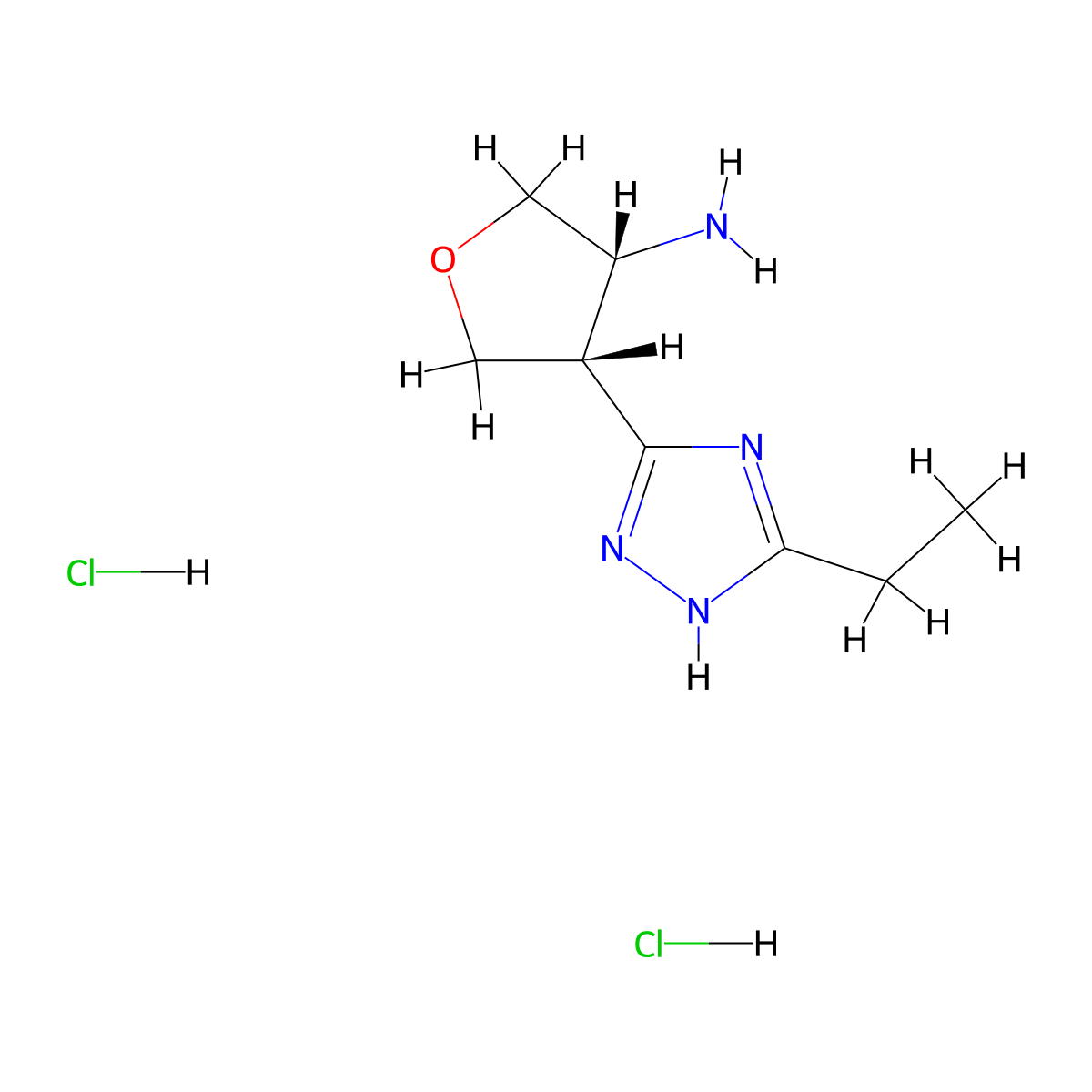 rac-(3R,4R)-4-(5-ethyl-1H-1,2,4-triazol-3-yl)oxolan-3-amine dihydrochloride, cis molecular structure, CAS 2377004-26-5