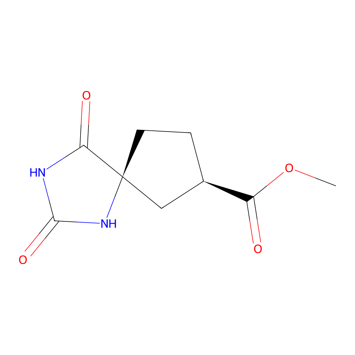 Methyl (5S,8R)-2,4-dioxo-1,3-diazaspiro[4.4]nonane-8-carboxylate molecular structure, CAS 2377004-96-9