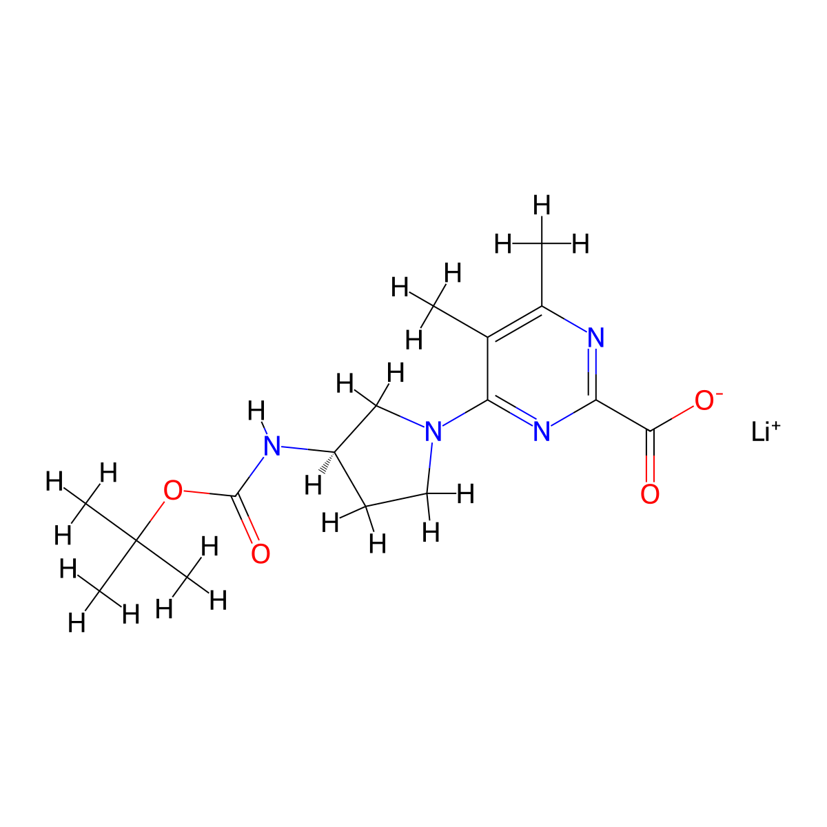 lithium 4,5-dimethyl-6-[(3R)-3-[(2-methylpropan-2-yl)oxycarbonylamino]pyrrolidin-1-yl]pyrimidine-2-carboxylate molecular structure, CAS 2377005-07-5
