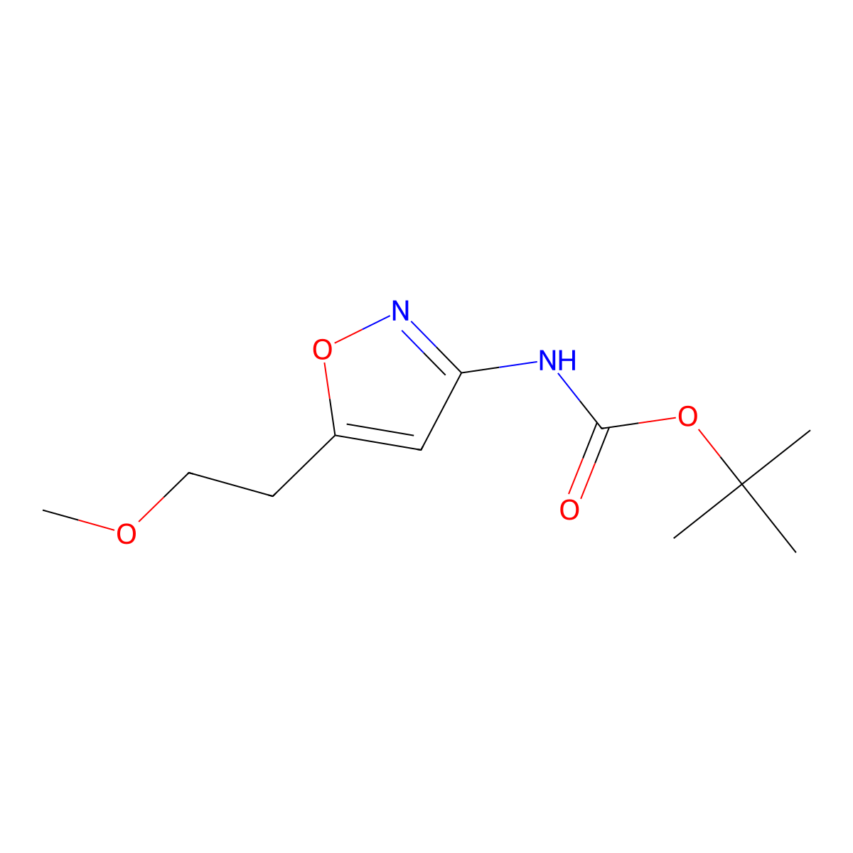 Tert-butyl N-[5-(2-methoxyethyl)-1,2-oxazol-3-yl]carbamate molecular structure, CAS 2377031-10-0