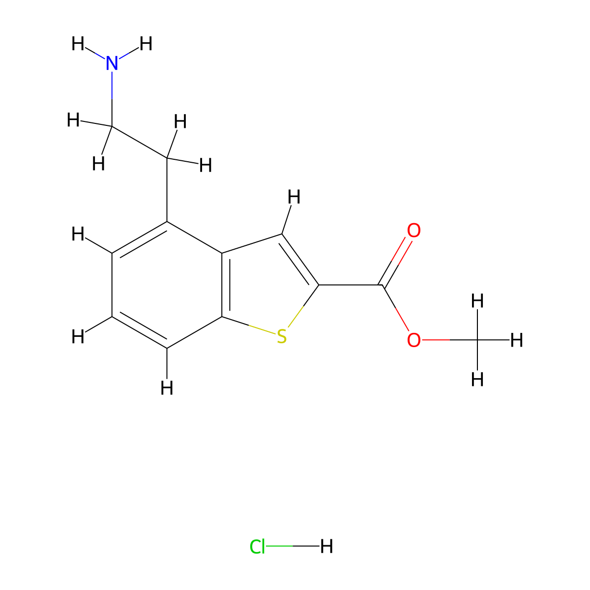 Methyl 4-(2-aminoethyl)-1-benzothiophene-2-carboxylate hydrochloride molecular structure, CAS 2377033-19-5