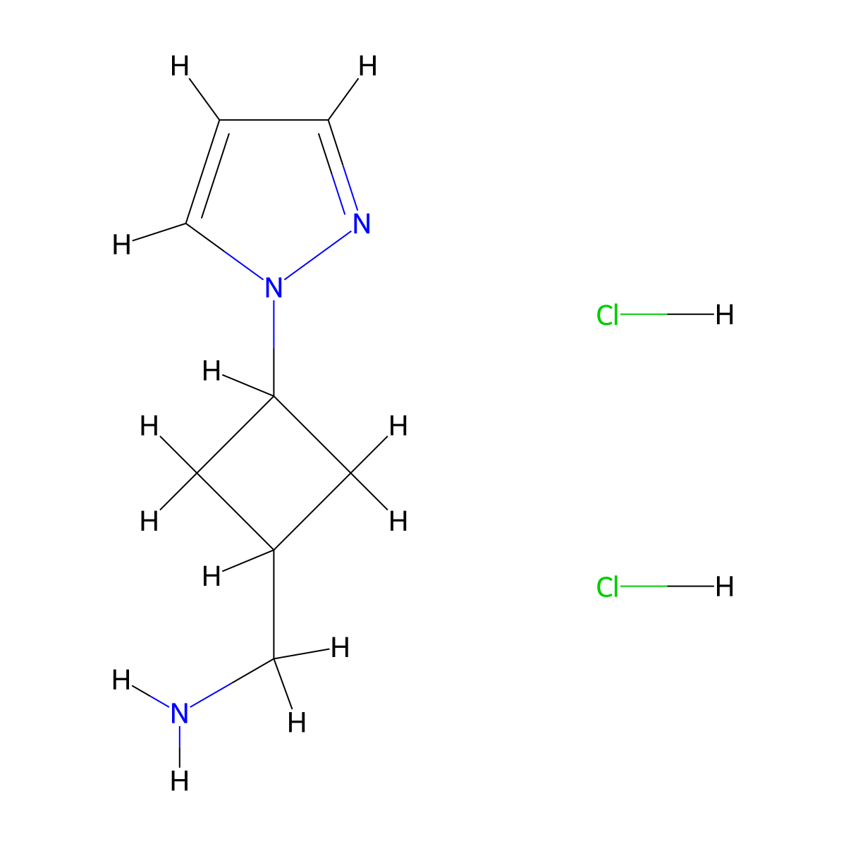 rac-((1r,3r)-3-(1H-pyrazol-1-yl)cyclobutyl)methanamine dihydrochloride molecular structure, CAS 2377033-49-1