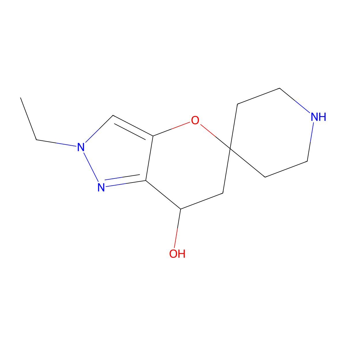 2'-ethyl-6',7'-dihydro-2'H-spiro[piperidine-4,5'-pyrano[3,2-c]pyrazol]-7'-ol molecular structure, CAS 2377034-43-8