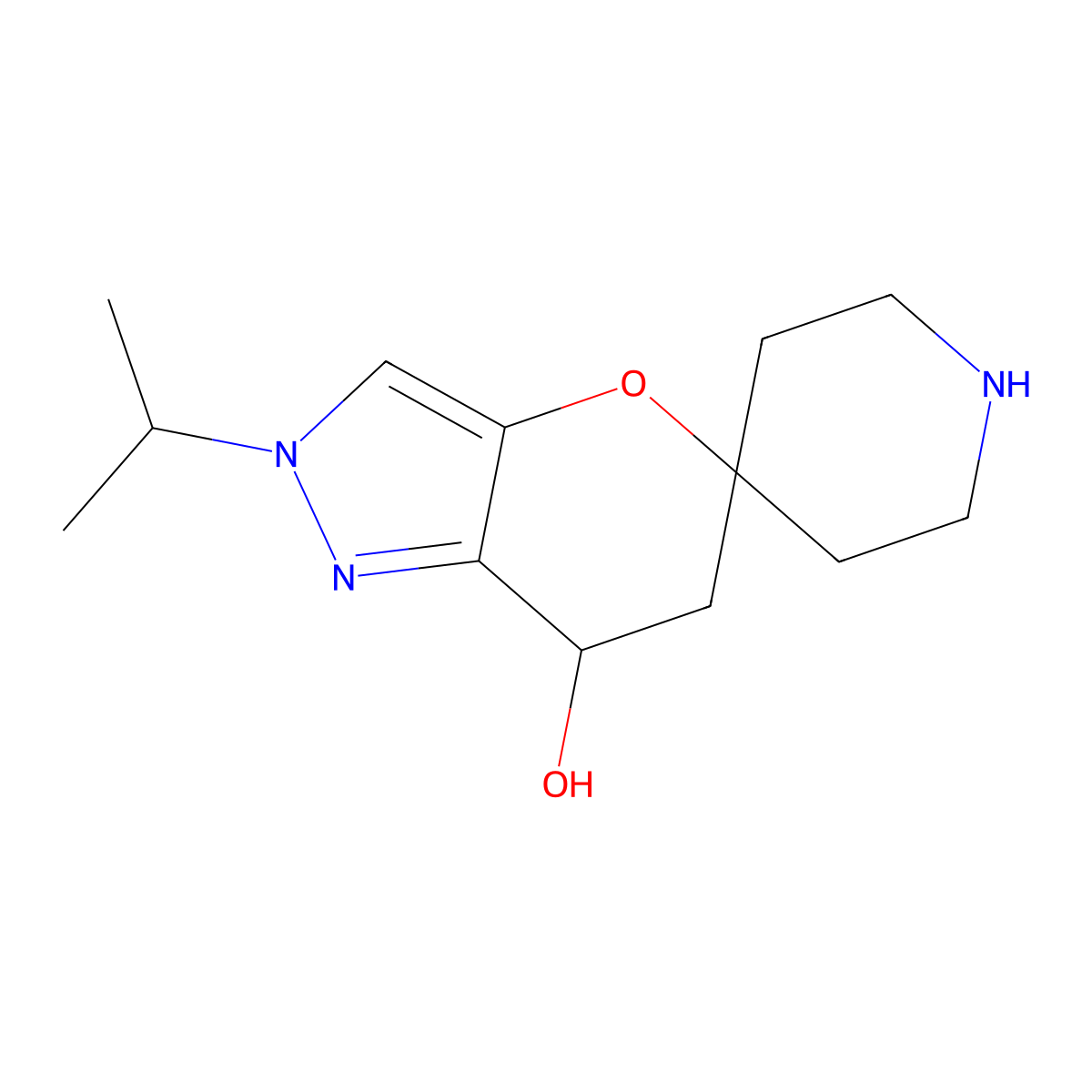 2'-(propan-2-yl)-6',7'-dihydro-2'H-spiro[piperidine-4,5'-pyrano[3,2-c]pyrazole]-7'-ol molecular structure, CAS 2377035-57-7