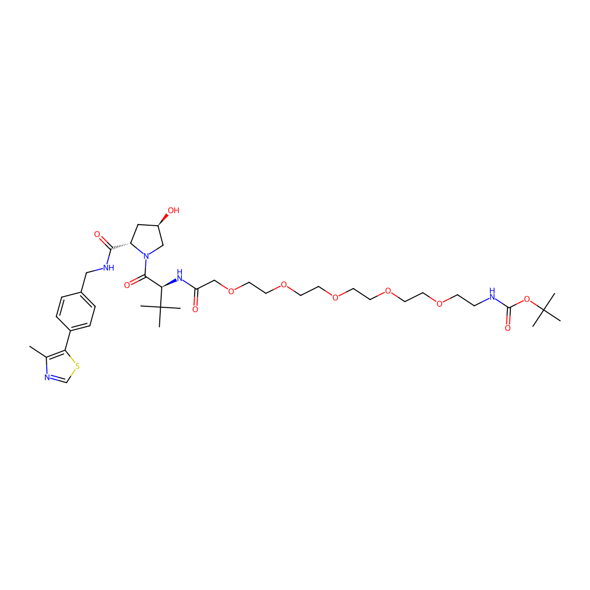 tert-butyl ((S)-19-((2S,4R)-4-hydroxy-2-((4-(4-methylthiazol-5-yl)benzyl)carbamoyl)pyrrolidine-1-carbonyl)-20,20-dimethyl-17-oxo-3,6,9,12,15-pentaoxa-18-azahenicosyl)carbamate molecular structure, CAS 2377275-20-0
