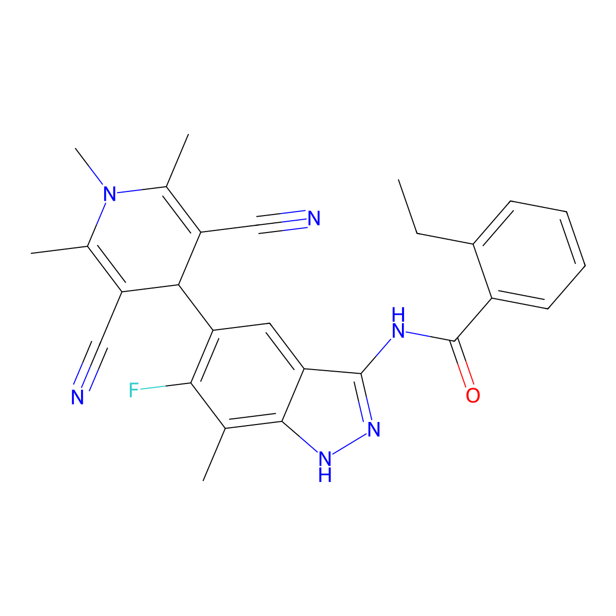 N-(5-(3,5-dicyano-1,2,6-trimethyl-1,4-dihydropyridin-4-yl)-6-fluoro-7-methyl-1H-indazol-3-yl)-2-ethylbenzamide molecular structure, CAS 2377576-35-5