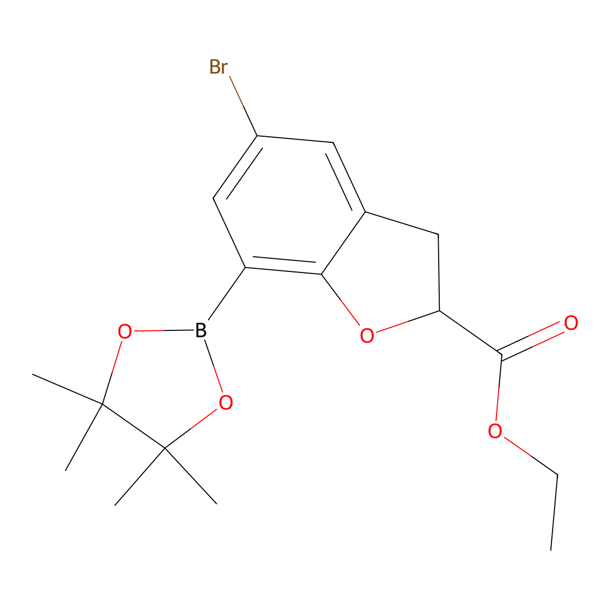 Ethyl 5-bromo-7-(tetramethyl-1,3,2-dioxaborolan-2-yl)-2,3-dihydro-1-benzofuran-2-carboxylate molecular structure, CAS 2377587-57-8