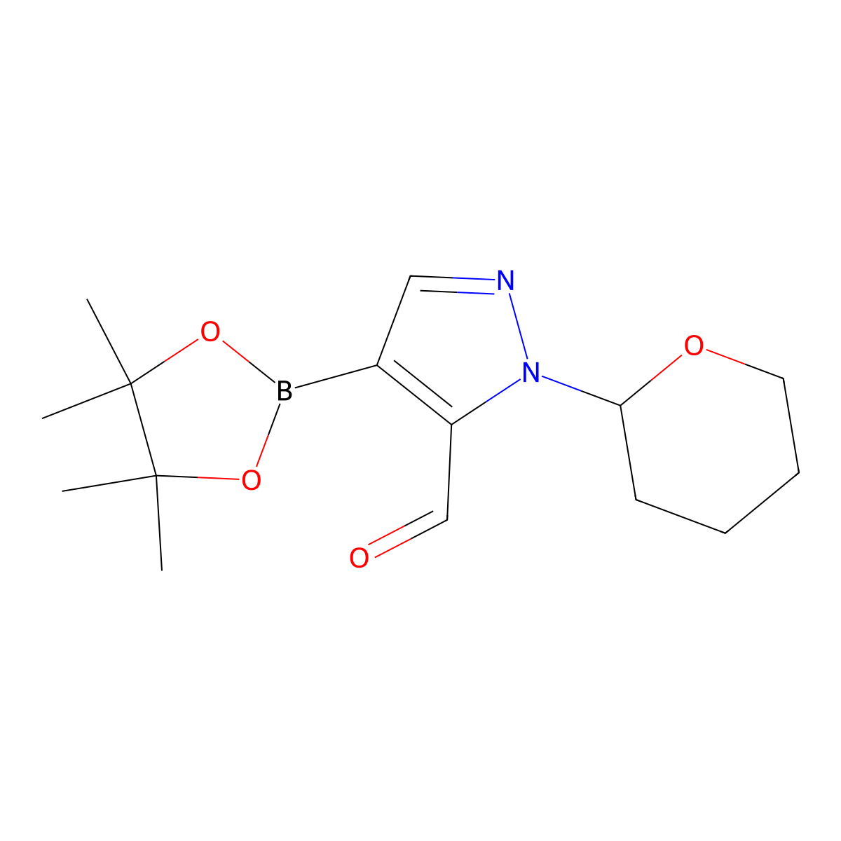 2-(Oxan-2-yl)-4-(tetramethyl-1,3,2-dioxaborolan-2-yl)pyrazole-3-carbaldehyde molecular structure, CAS 2377587-58-9