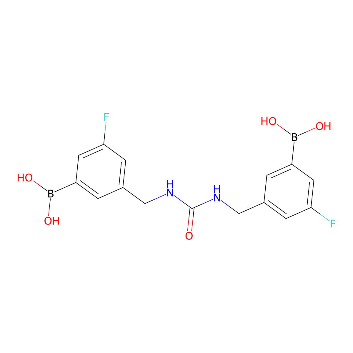 5,5'-(Carbonylbis(azanediyl)bis(methylene))bis(3-fluoro-5,1-phenylene)diboronic acid molecular structure, CAS 2377606-23-8