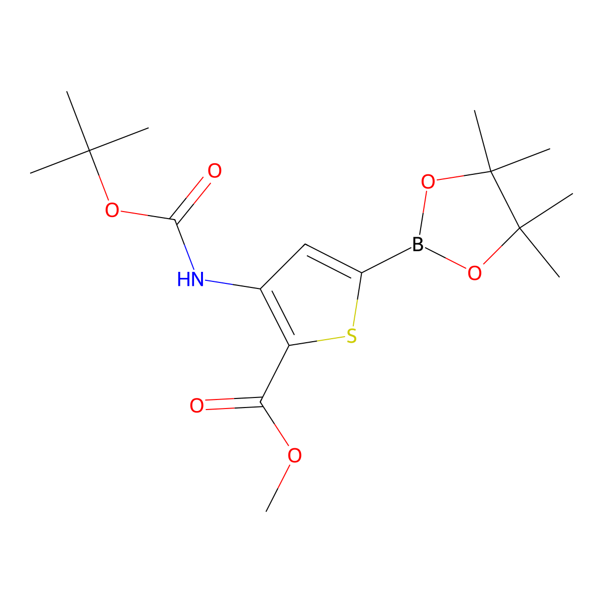 Methyl 3-((tert-butoxycarbonyl)amino)-5-(4,4,5,5-tetramethyl-1,3,2-dioxaborolan-2-yl)thiophene-2-carboxylate molecular structure, CAS 2377606-49-8