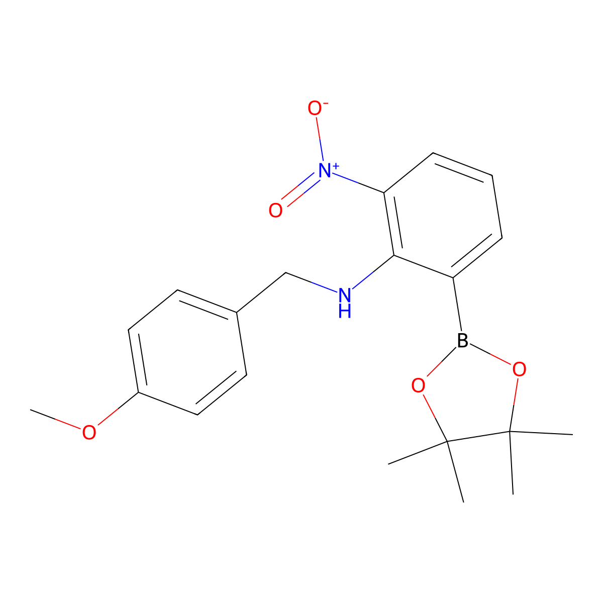 N-[(4-Methoxyphenyl)methyl]-2-nitro-6-(tetramethyl-1,3,2-dioxaborolan-2-yl)aniline molecular structure, CAS 2377606-85-2