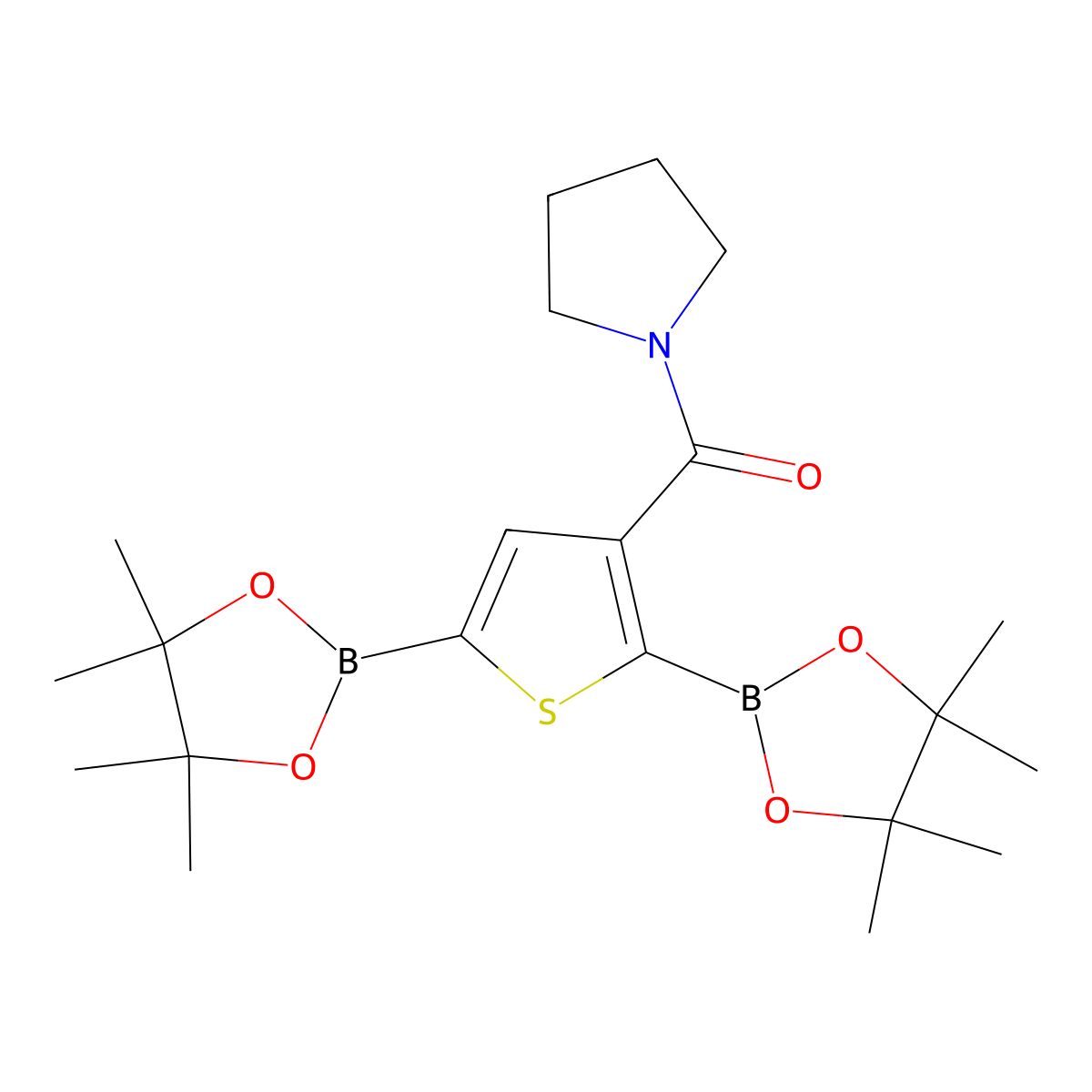 1-{[2,5-Bis(tetramethyl-1,3,2-dioxaborolan-2-yl)thiophen-3-yl]carbonyl}pyrrolidine molecular structure, CAS 2377607-12-8