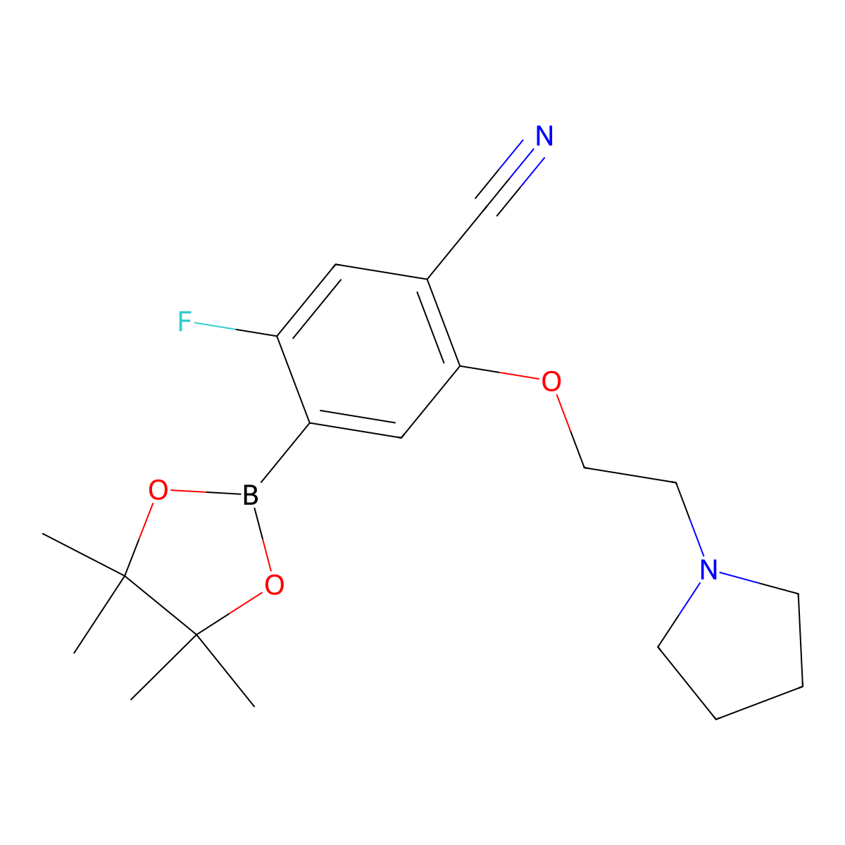 5-Fluoro-2-[2-(pyrrolidin-1-YL)ethoxy]-4-(tetramethyl-1,3,2-dioxaborolan-2-YL)benzonitrile molecular structure, CAS 2377607-19-5