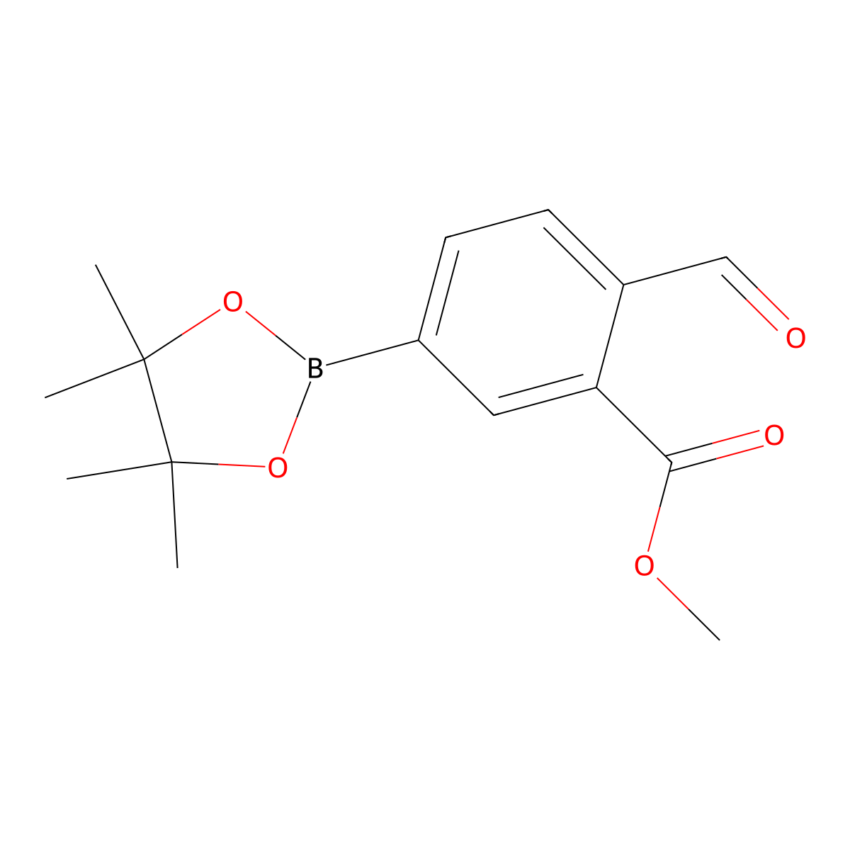 Methyl 2-formyl-5-(tetramethyl-1,3,2-dioxaborolan-2-yl)benzoate molecular structure, CAS 2377607-28-6