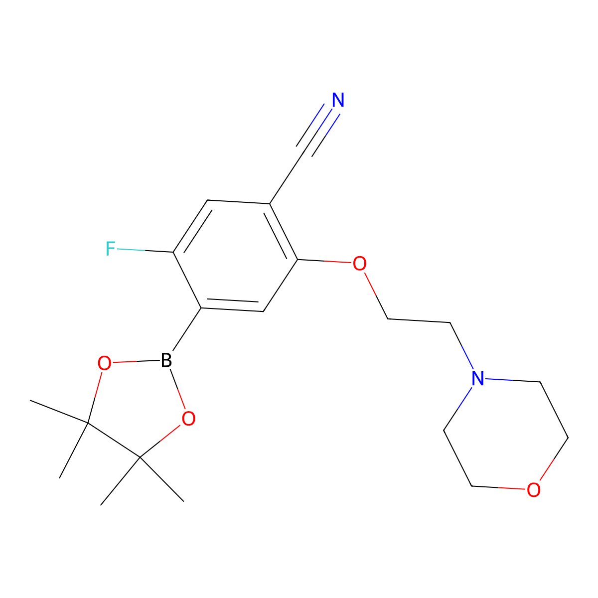5-Fluoro-2-[2-(morpholin-4-YL)ethoxy]-4-(tetramethyl-1,3,2-dioxaborolan-2-YL)benzonitrile molecular structure, CAS 2377607-29-7