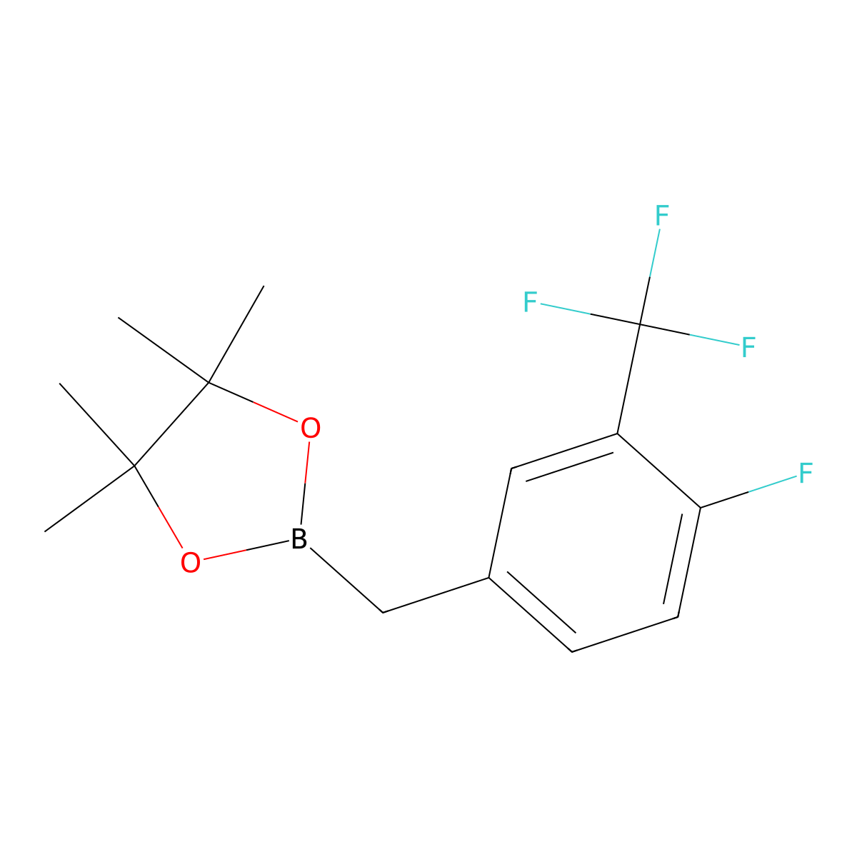 2-(4-Fluoro-3-(trifluoromethyl)benzyl)-4,4,5,5-tetramethyl-1,3,2-dioxaborolane molecular structure, CAS 2377607-36-6