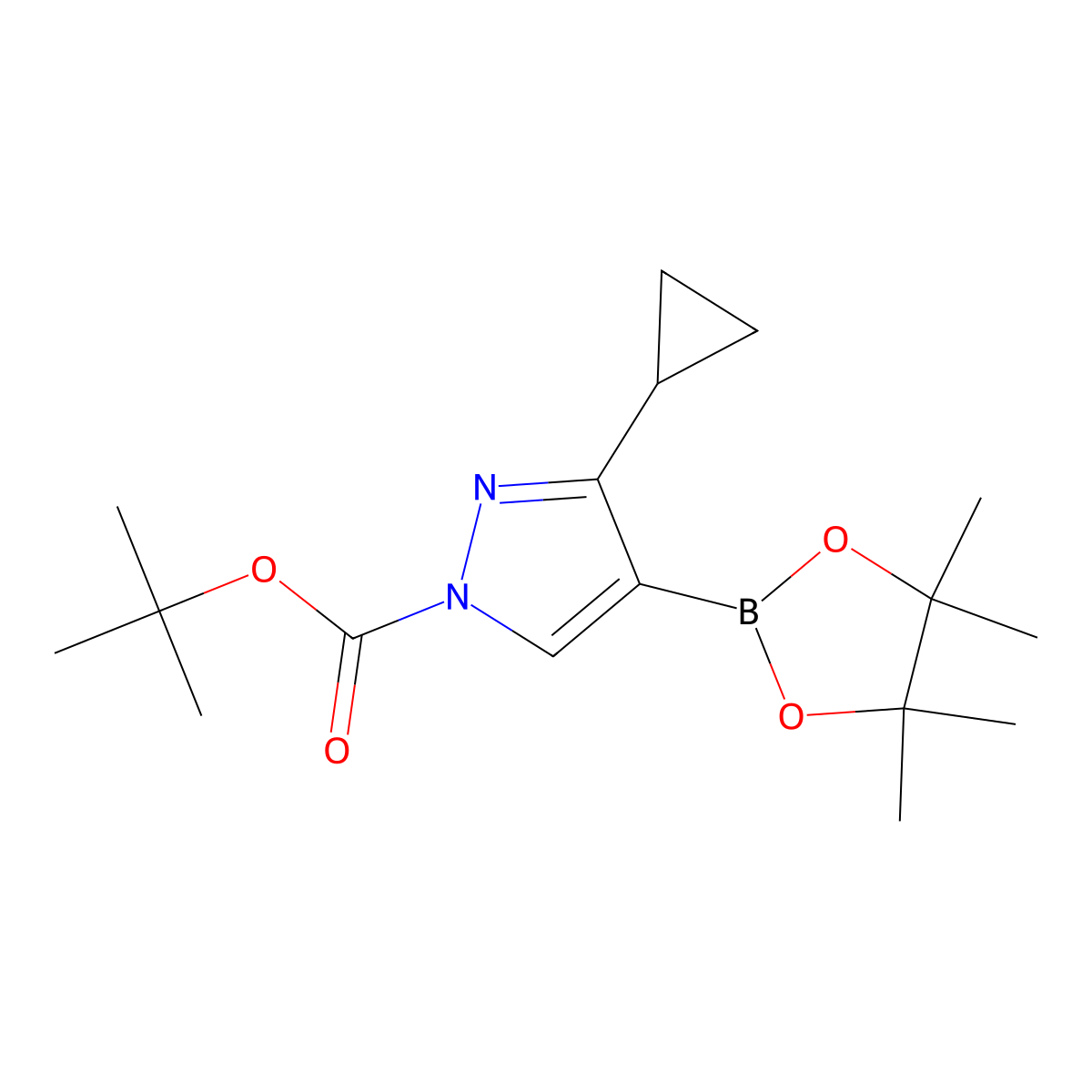tert-butyl 3-cyclopropyl-4-(4,4,5,5-tetramethyl-1,3,2-dioxaborolan-2-yl)-1H-pyrazole-1-carboxylate molecular structure, CAS 2377607-37-7