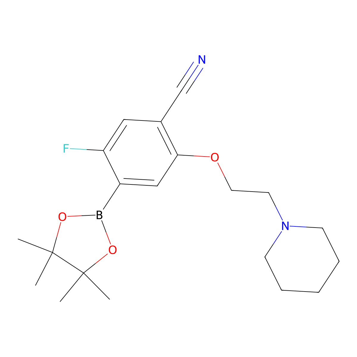 5-Fluoro-2-[2-(piperidin-1-YL)ethoxy]-4-(tetramethyl-1,3,2-dioxaborolan-2-YL)benzonitrile molecular structure, CAS 2377608-91-6