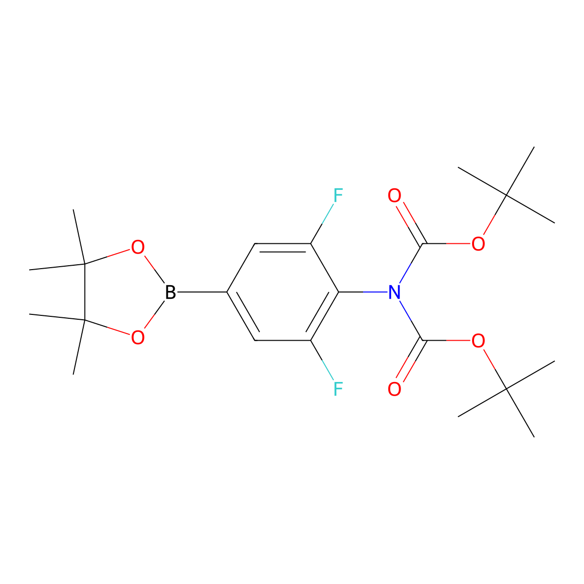 tert-Butyl (2,6-difluoro-4-(4,4,5,5-tetramethyl-1,3,2-dioxaborolan-2-yl)phenyl)biscarbamate molecular structure, CAS 2377609-71-5