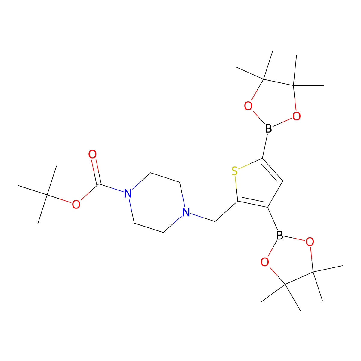 tert-Butyl 4-((3,5-bis(4,4,5,5-tetramethyl-1,3,2-dioxaborolan-2-yl)thiophen-2-yl)methyl)piperazine-1-carboxylate molecular structure, CAS 2377611-01-1