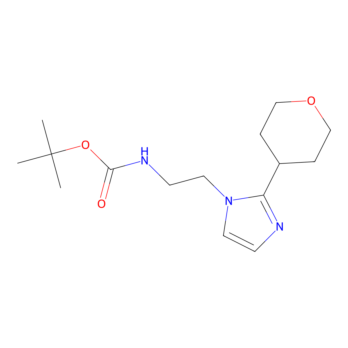 tert-butyl (2-(2-(tetrahydro-2H-pyran-4-yl)-1H-imidazol-1-yl)ethyl)carbamate molecular structure, CAS 2377663-52-8